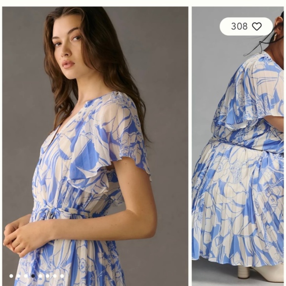 Anthropologie V Neck Ruffle Sleeve Pleated Dress, Size XS, Used Great condition